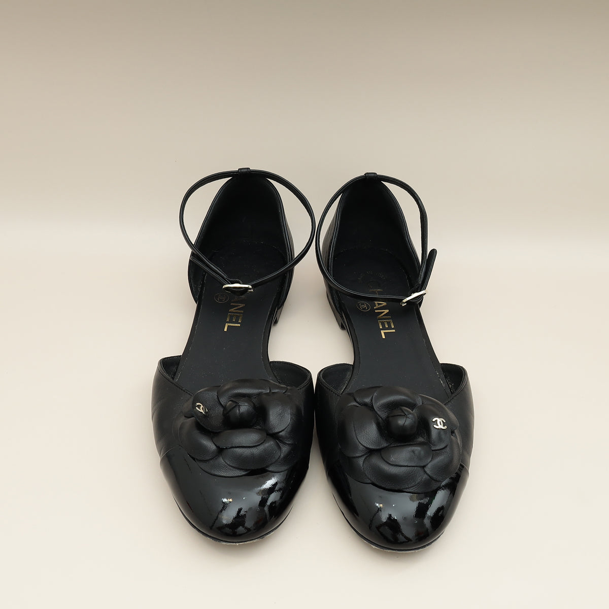 Chanel Black CC Cap Toe Camellia Ballerina 39
