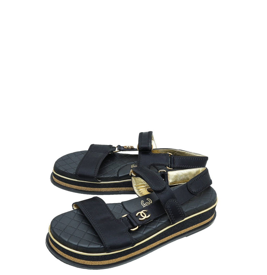 Chanel Black CC CC Velcro Strap Flat Sandals 40