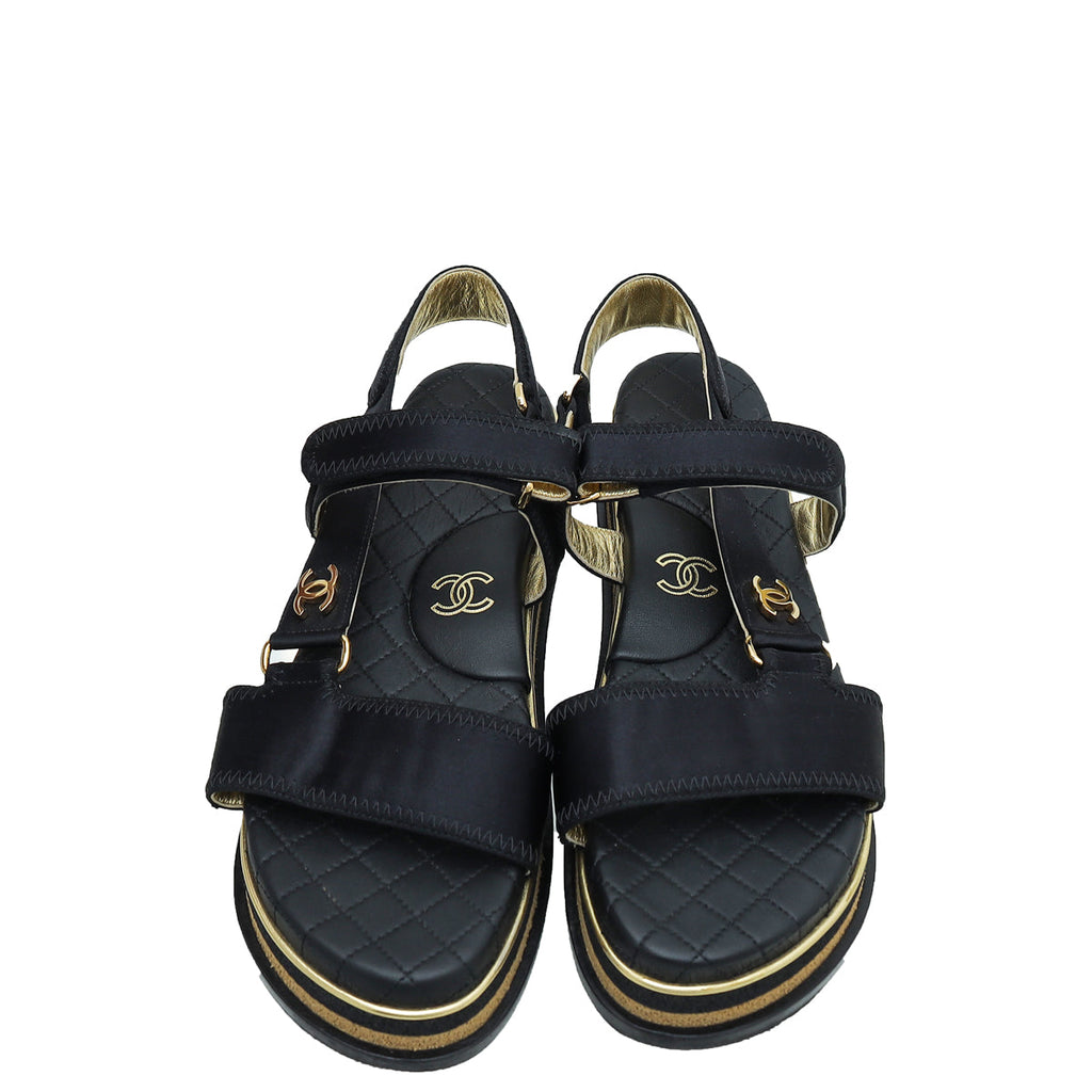 Chanel Black CC CC Velcro Strap Flat Sandals 40
