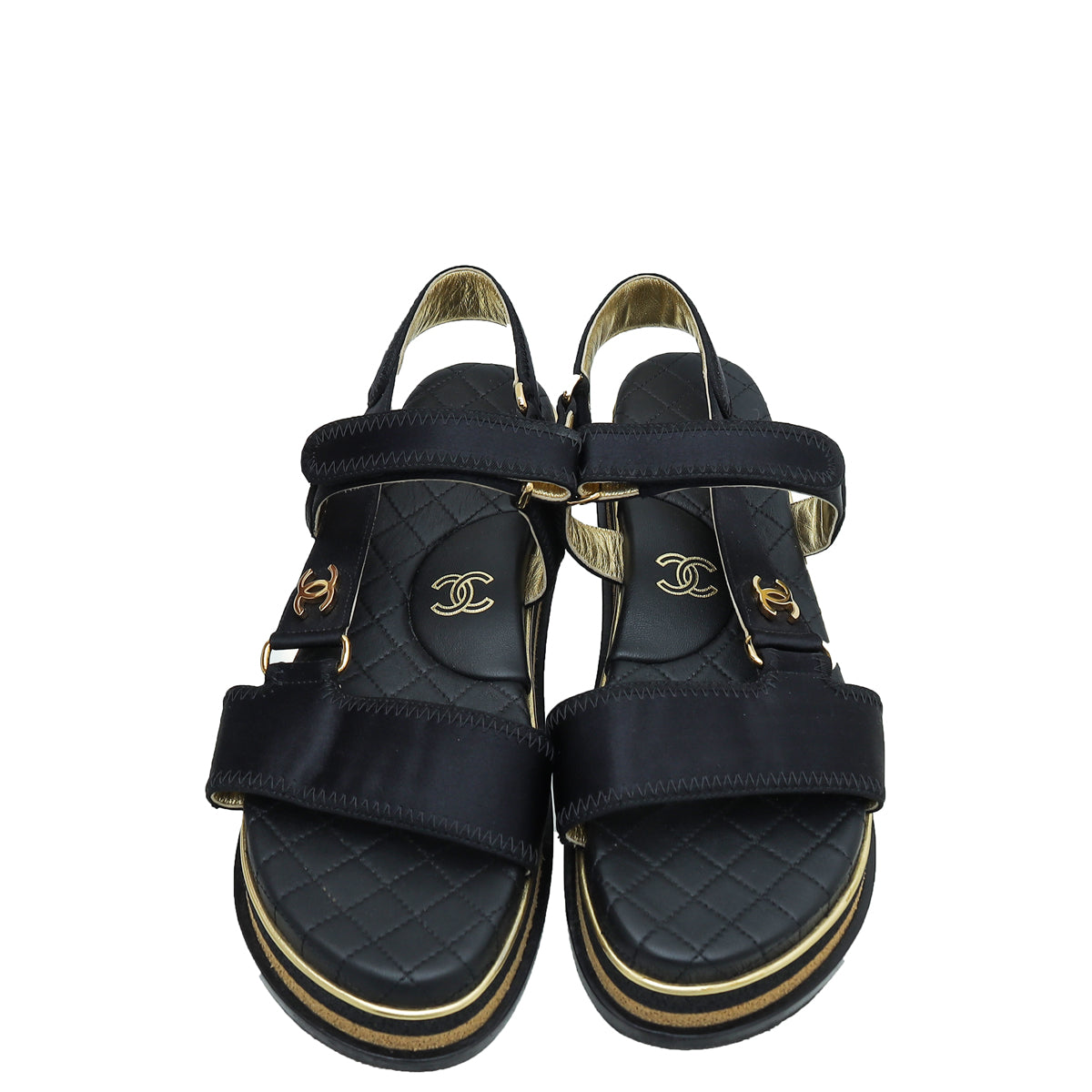 Chanel Black CC CC Velcro Strap Flat Sandals 40