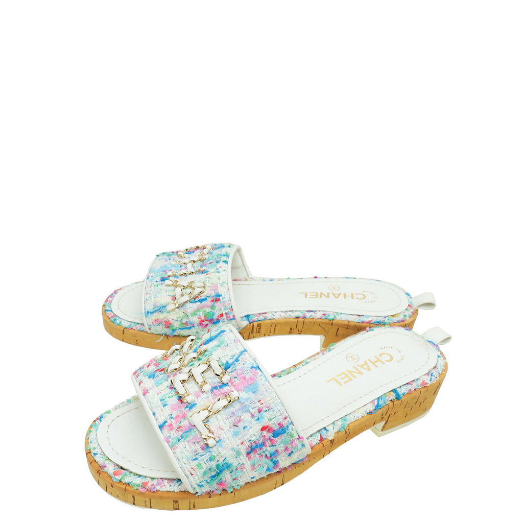 Chanel White Multicolor Tweed Logo Chain Mules 40