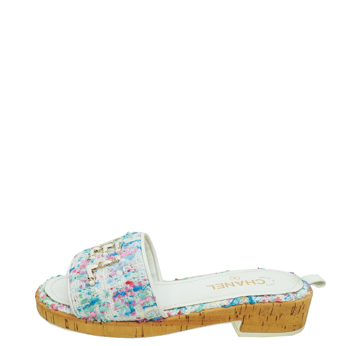 Chanel White Multicolor Tweed Logo Chain Mules 40