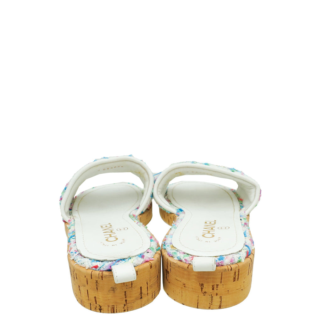 Chanel White Multicolor Tweed Logo Chain Mules 40