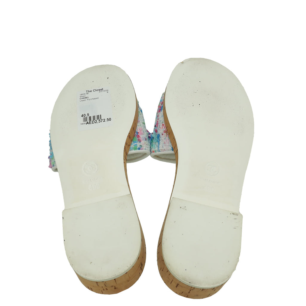 Chanel White Multicolor Tweed Logo Chain Mules 40
