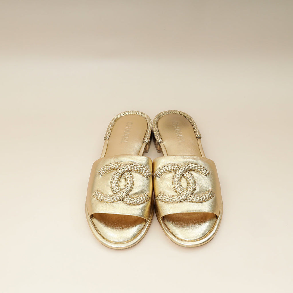 Chanel Metallic Gold CC Braided Slides Mules 40.5