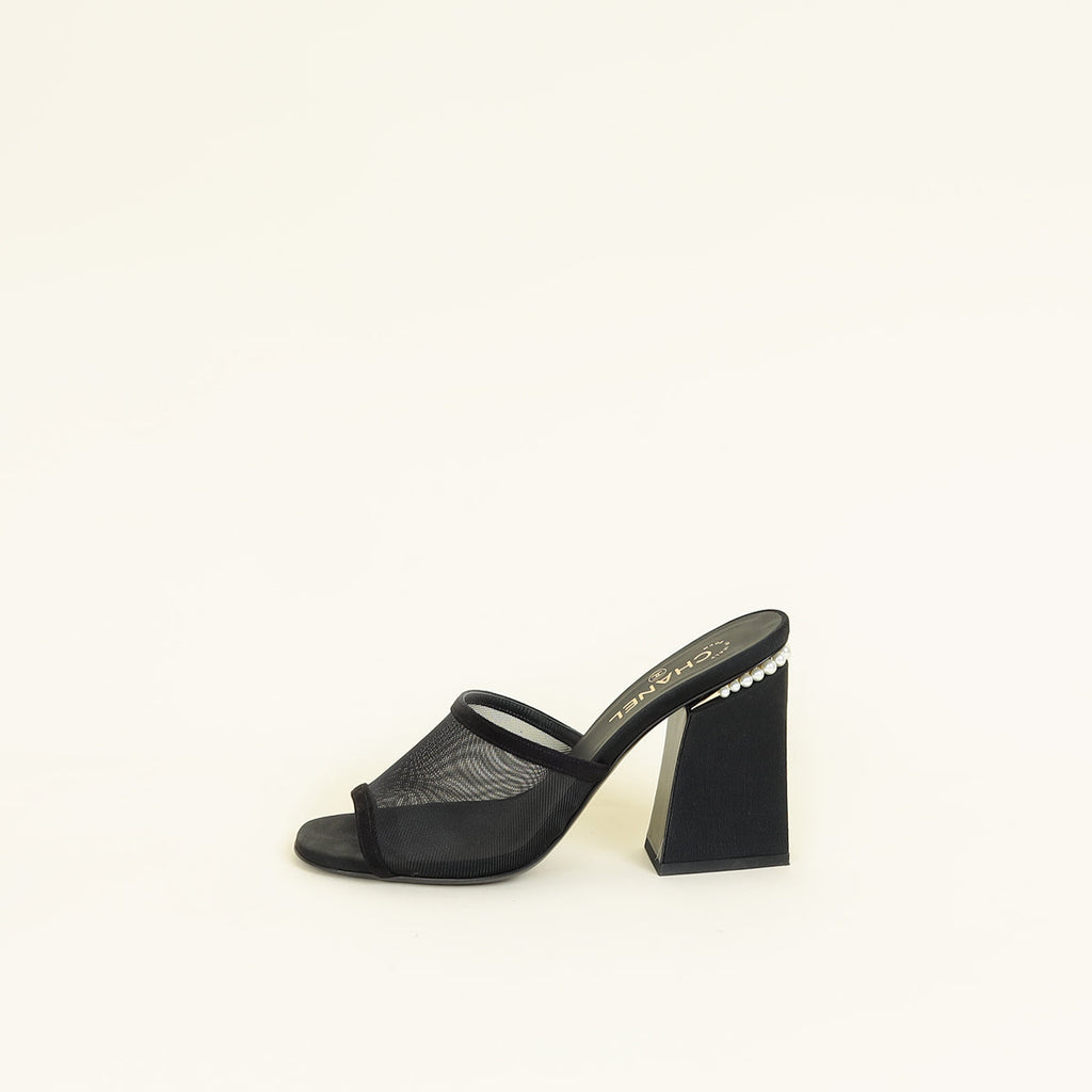 Chanel Black CC Pearl Mesh Heel Mules 40