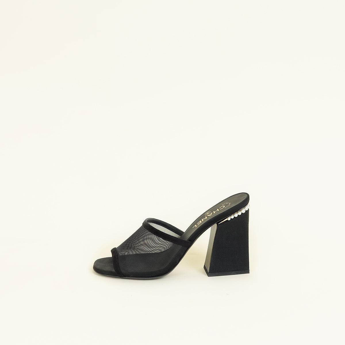 Chanel Black CC Pearl Mesh Heel Mules 40