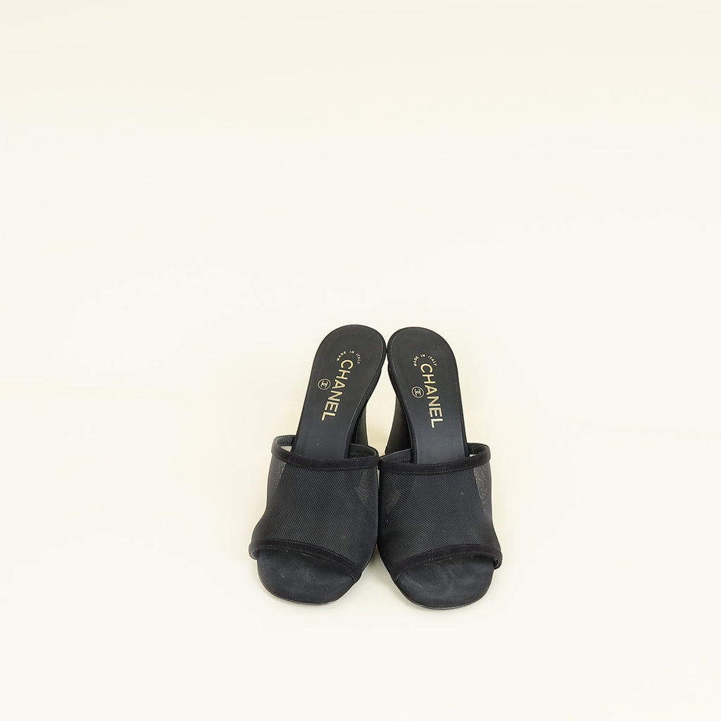 Chanel Black CC Pearl Mesh Heel Mules 40