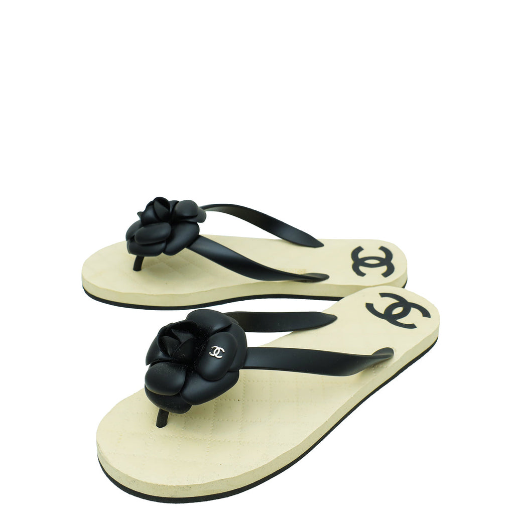 Chanel Bicolor CC Camellia Flip Flops Sandals 40