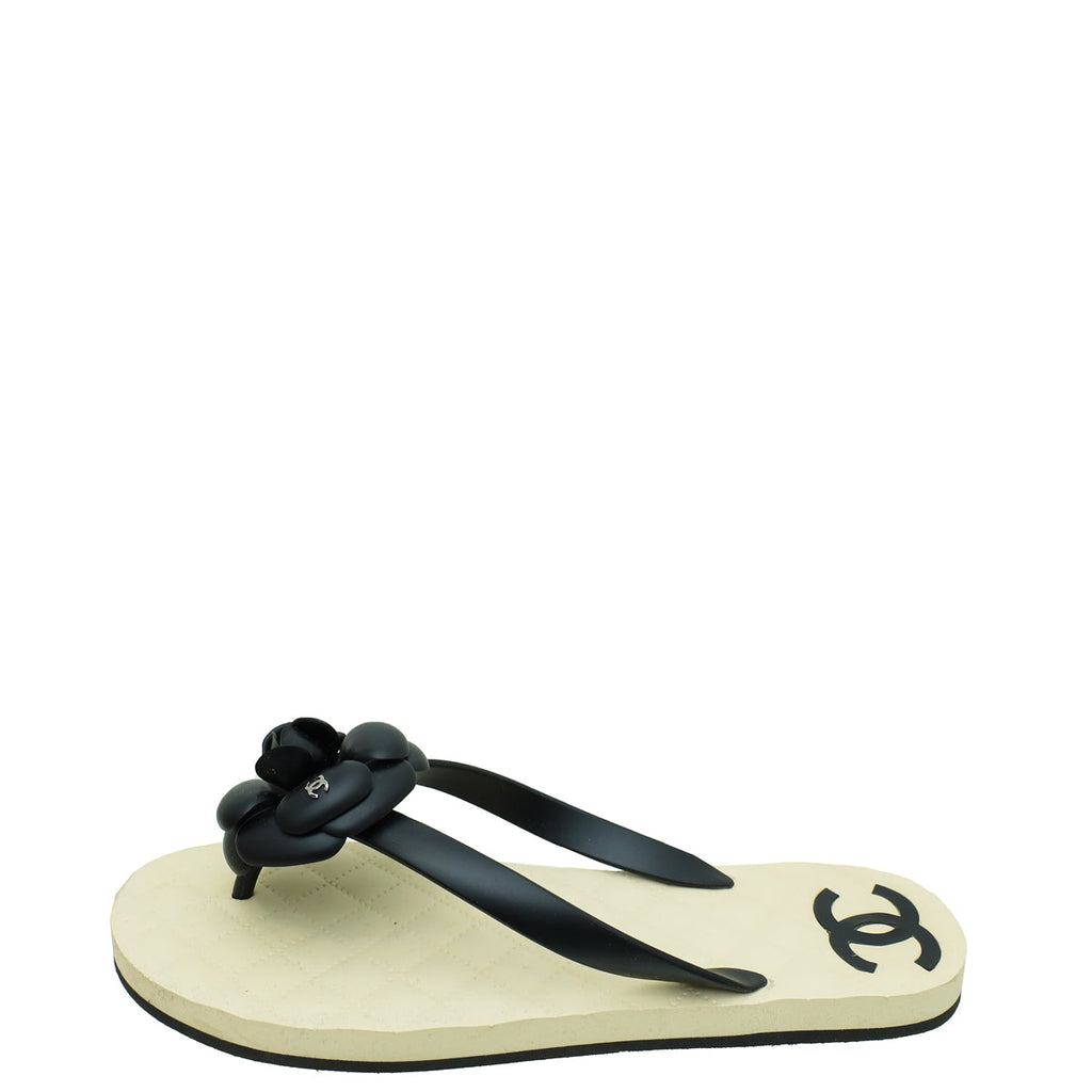 Chanel Bicolor CC Camellia Flip Flops Sandals 40