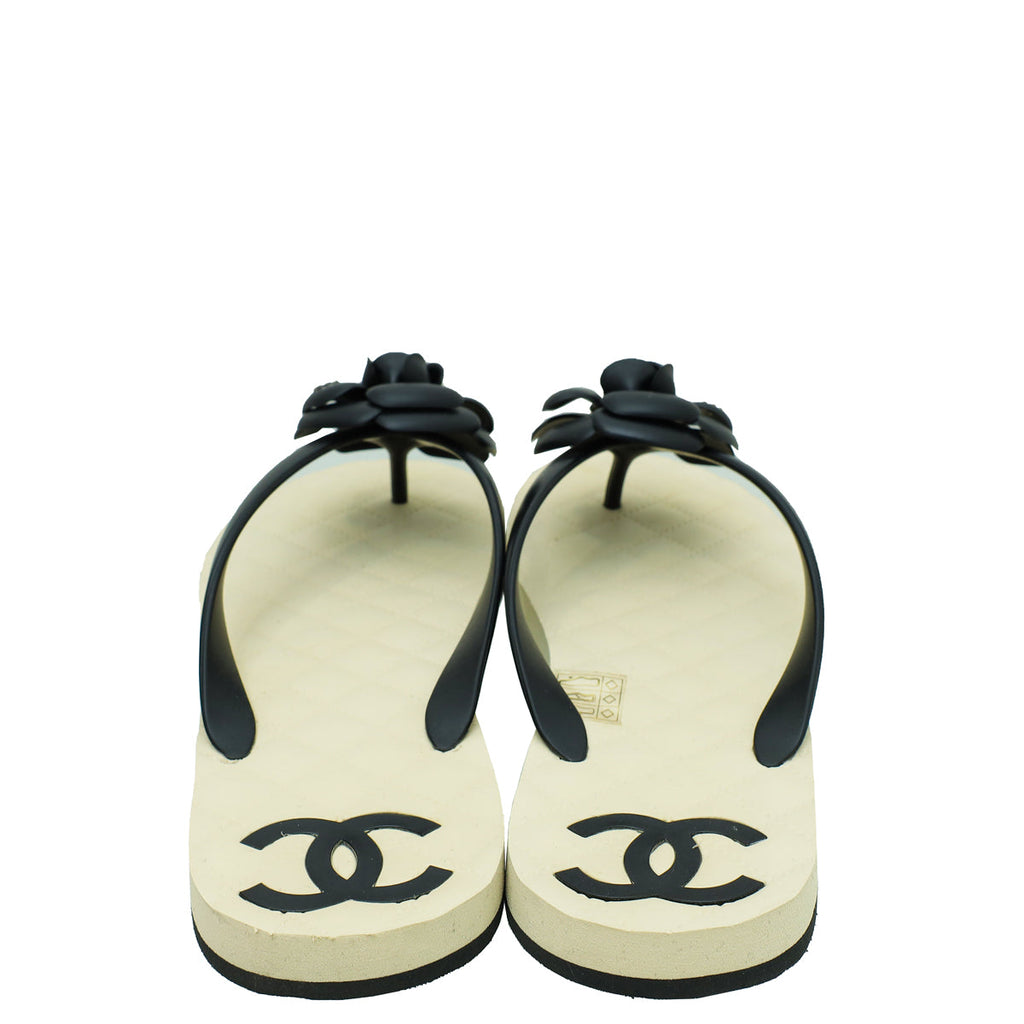 Chanel Bicolor CC Camellia Flip Flops Sandals 40