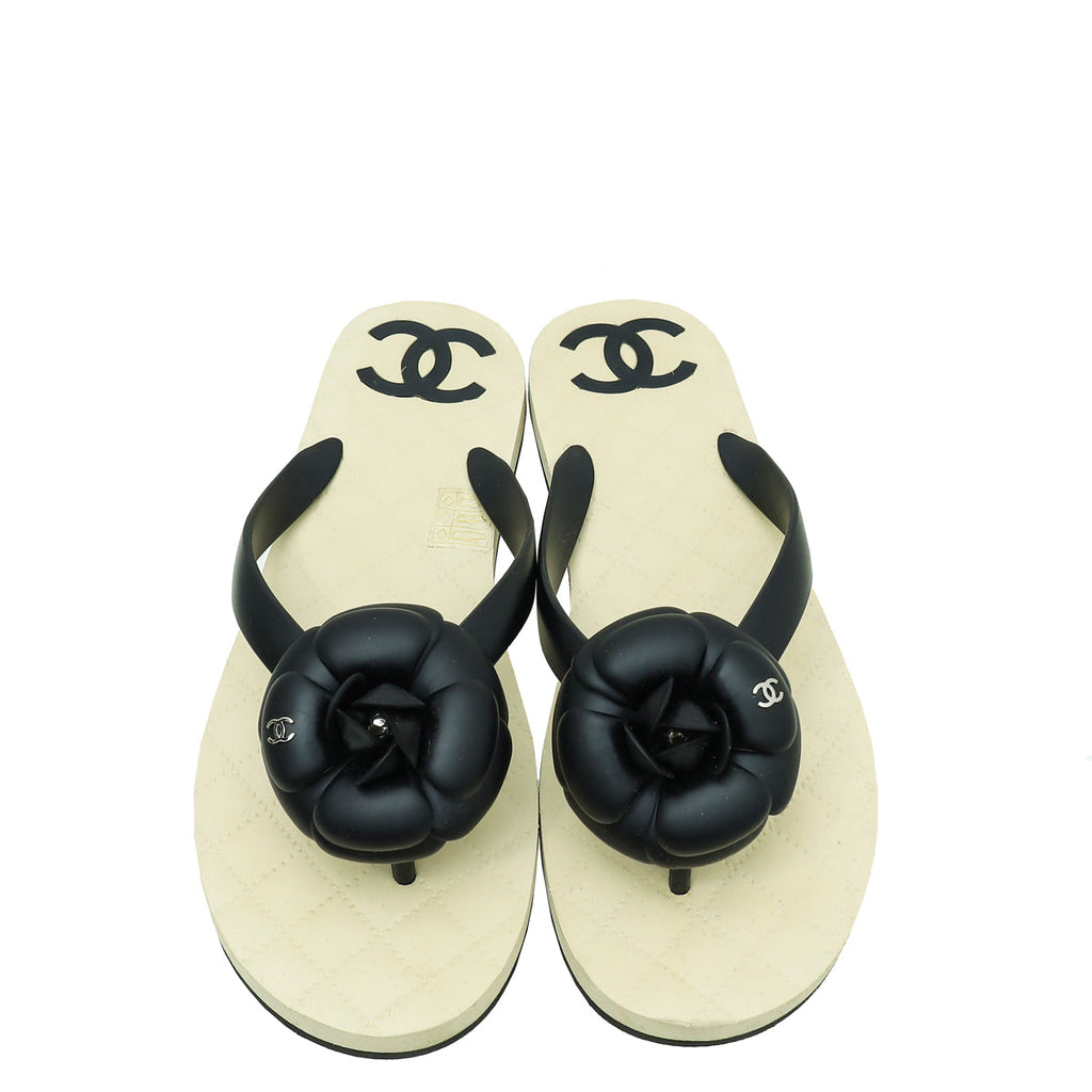 Chanel Bicolor CC Camellia Flip Flops Sandals 40