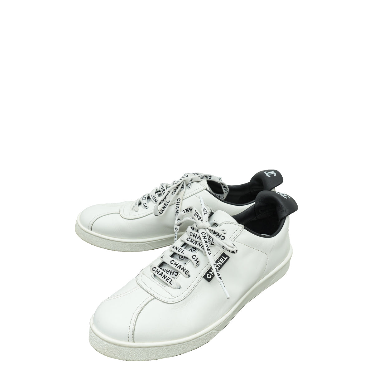 Chanel White Logo Lace Up CC Low Top Sneakers 40