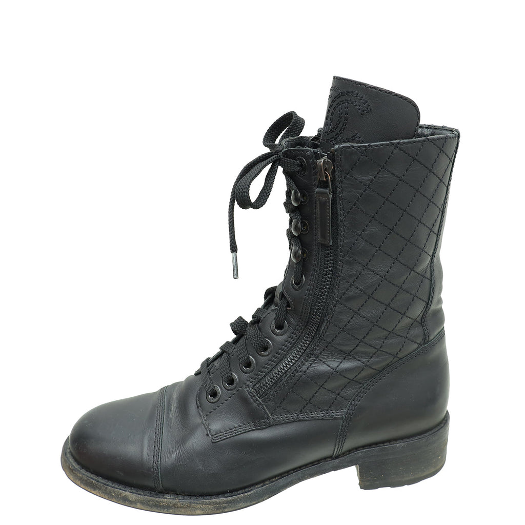 Chanel Black Lace Up CC Boot 40