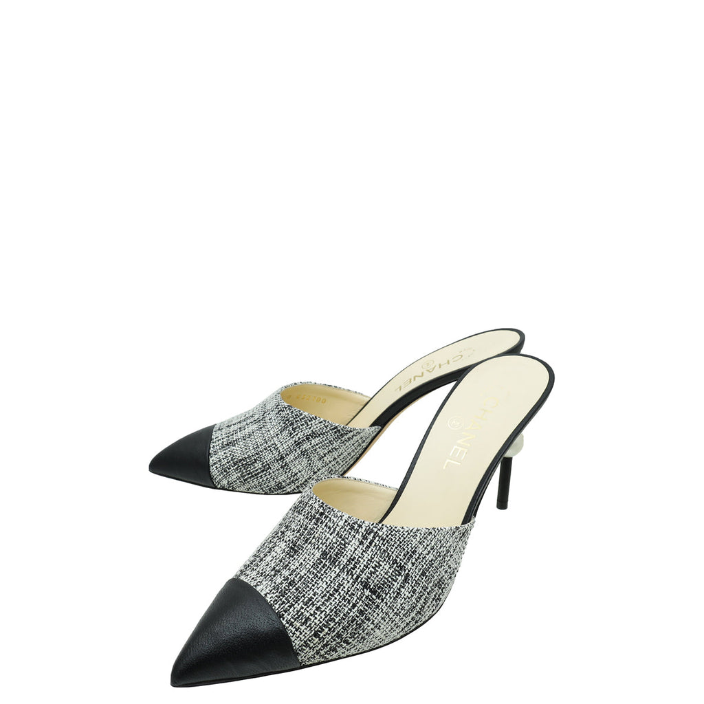 Chanel Black CC Cap Toe Tweed Pearl Mules 42