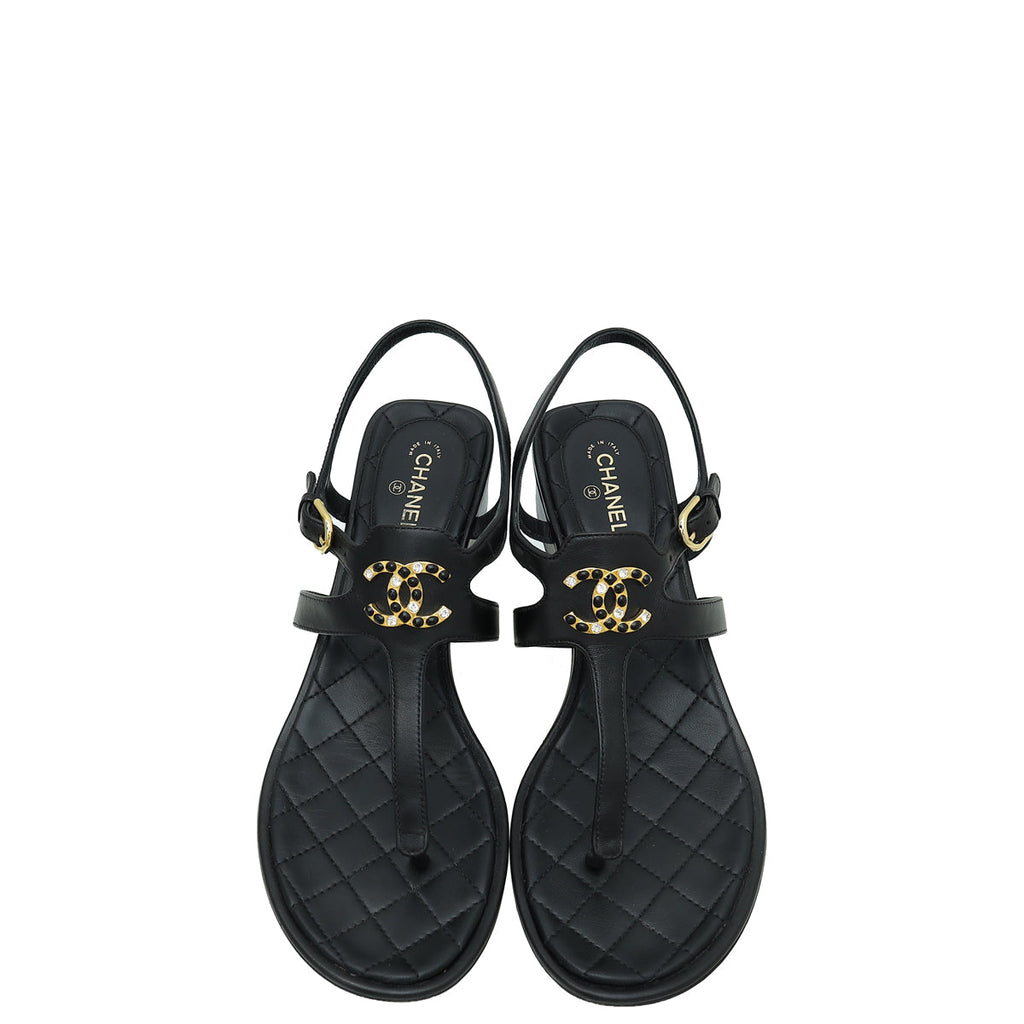 Chanel Black CC Crystal Thong Sandal 39