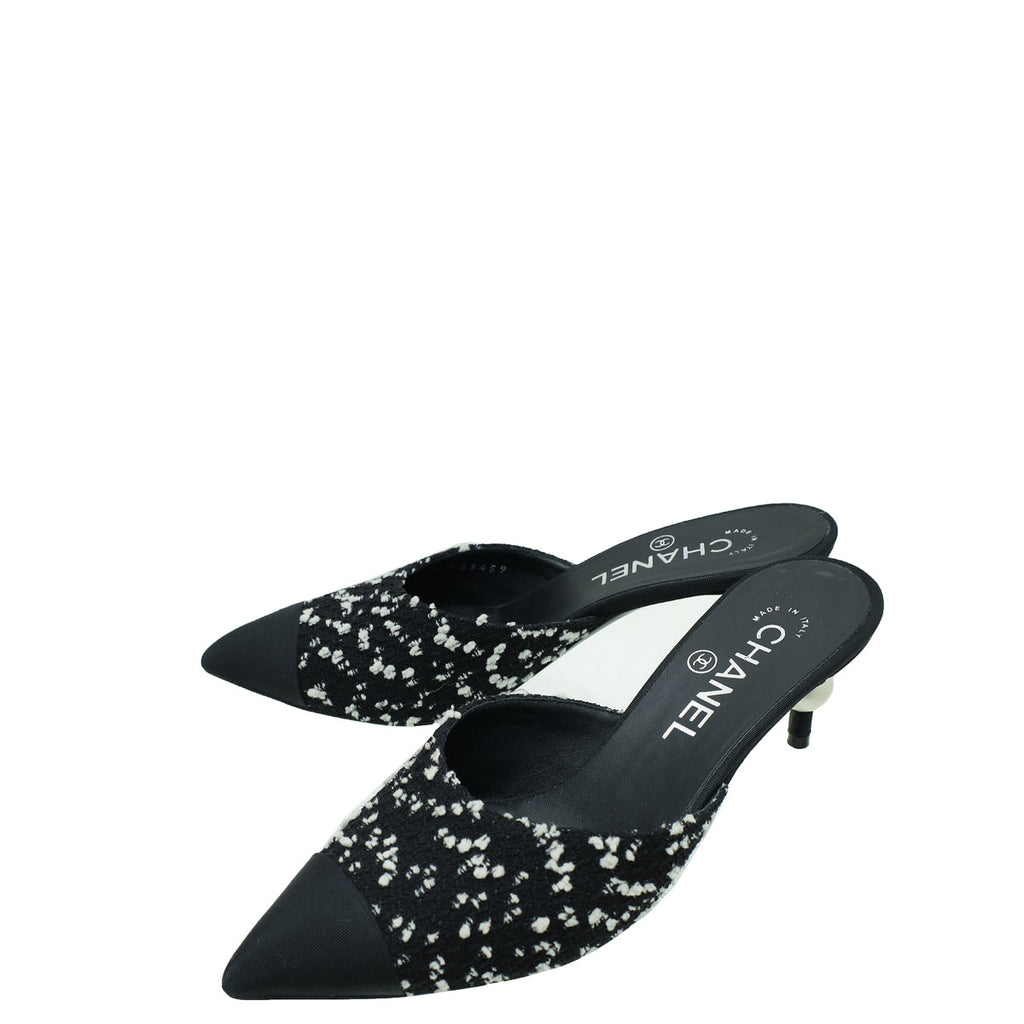 Chanel Bicolor CC Cap Toe Tweed Pearl Heel Mules 36.5