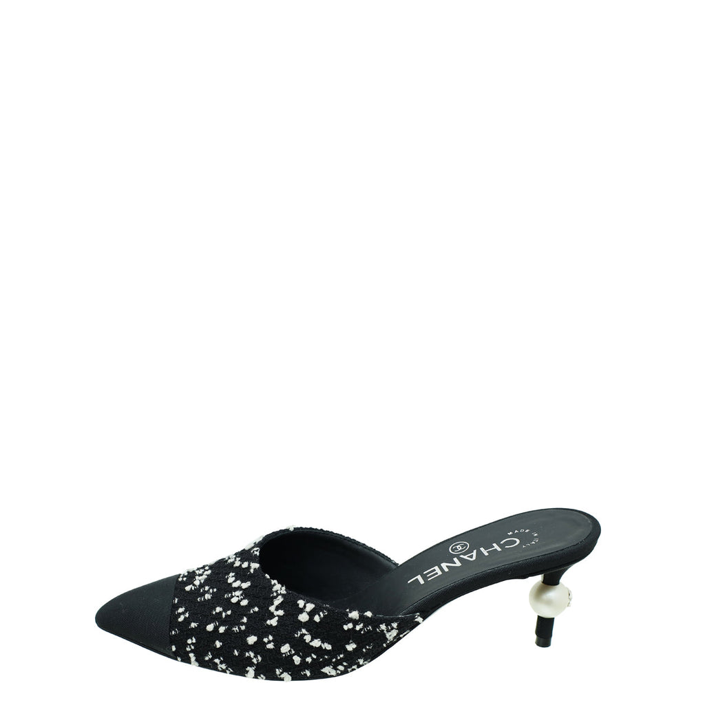 Chanel Bicolor CC Cap Toe Tweed Pearl Heel Mules 36.5