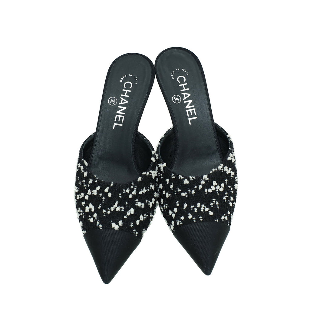 Chanel Bicolor CC Cap Toe Tweed Pearl Heel Mules 36.5