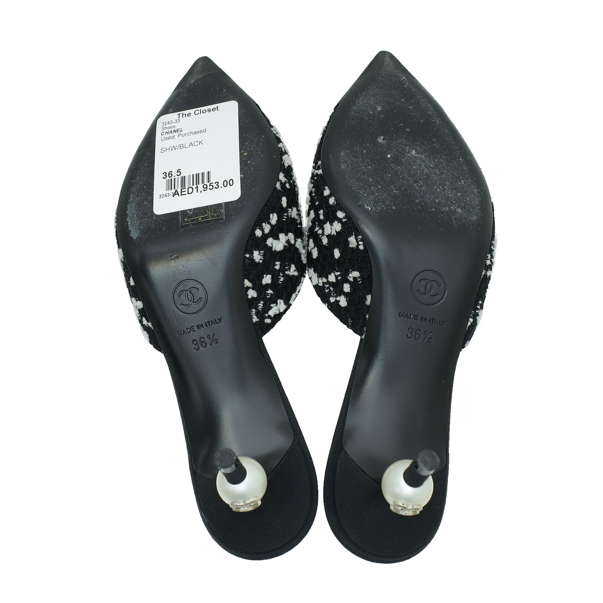 Chanel Bicolor CC Cap Toe Tweed Pearl Heel Mules 36.5
