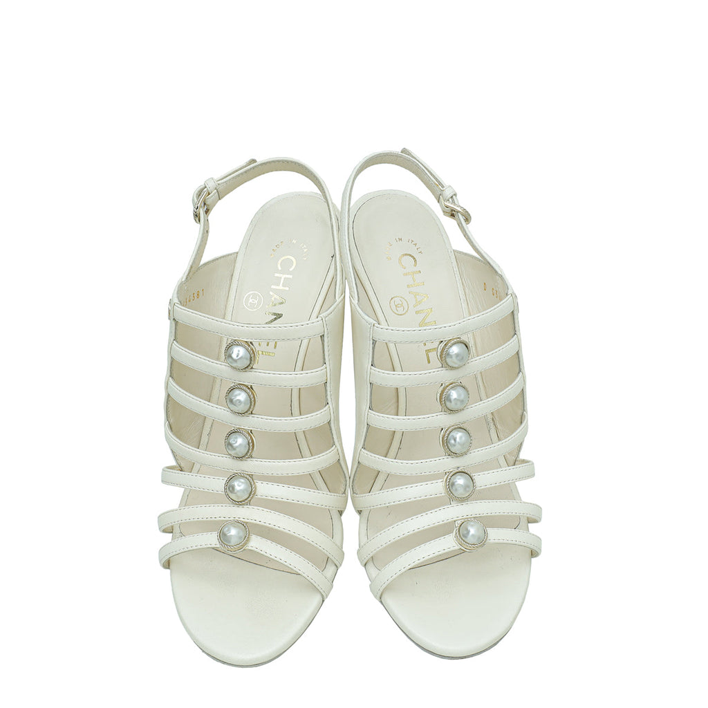 Chanel Off White Strappy Pearl Caged Slingback Heels 36.5