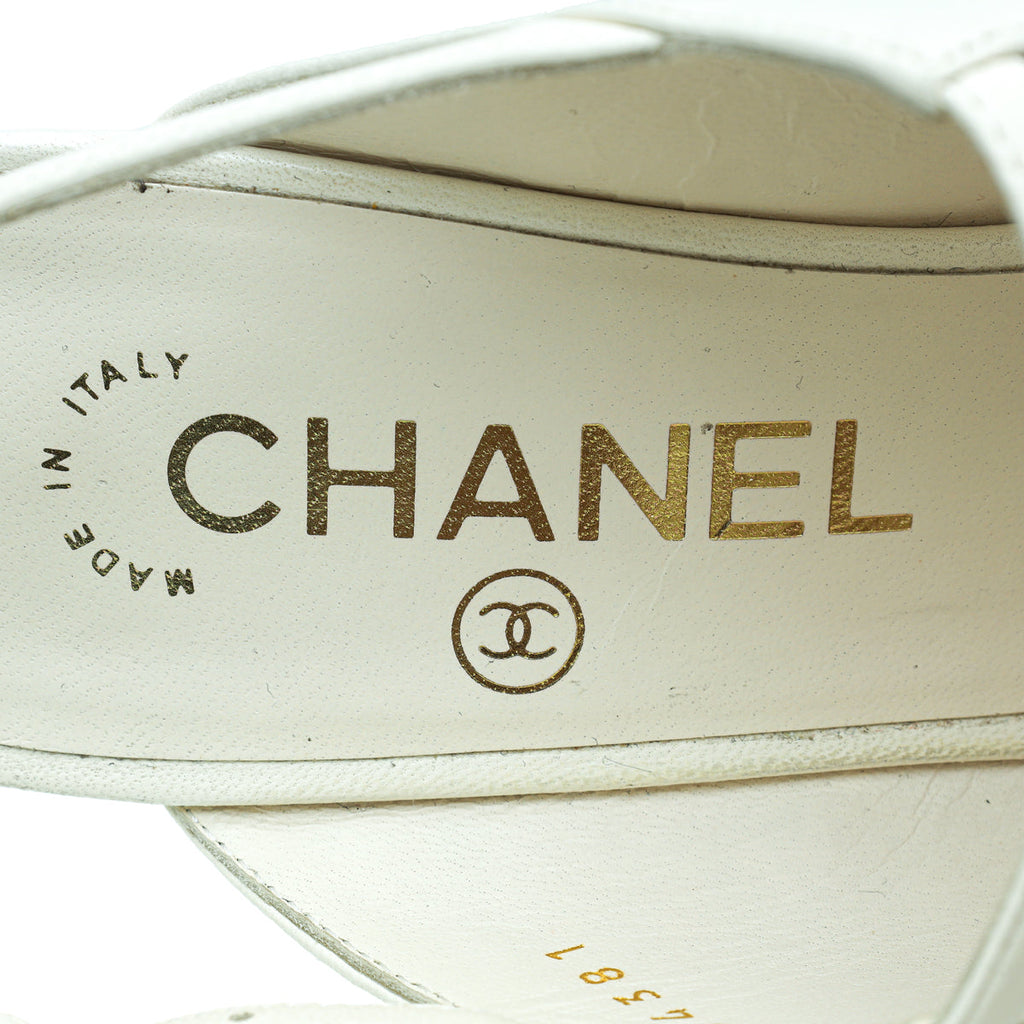 Chanel Off White Strappy Pearl Caged Slingback Heels 36.5