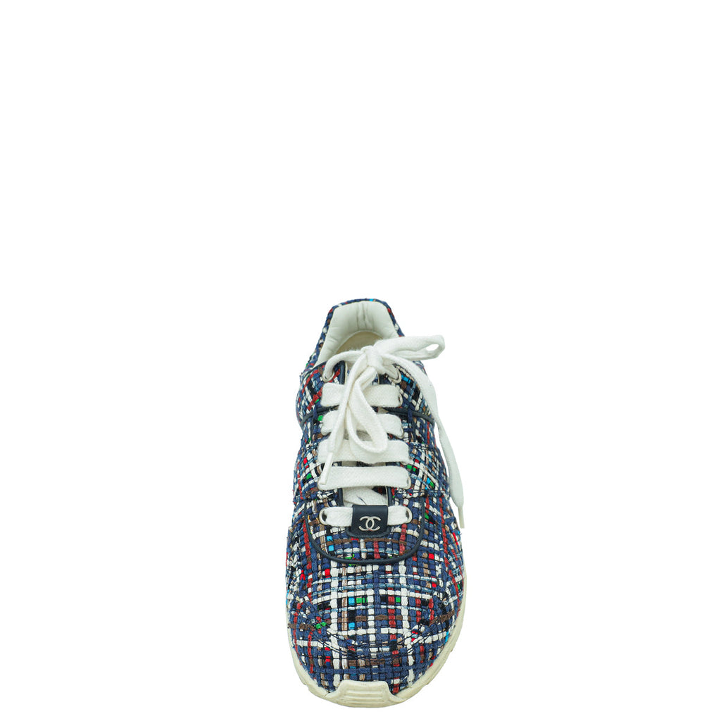 Chanel Blue Multicolor CC Tweed Trainer Sneaker 36