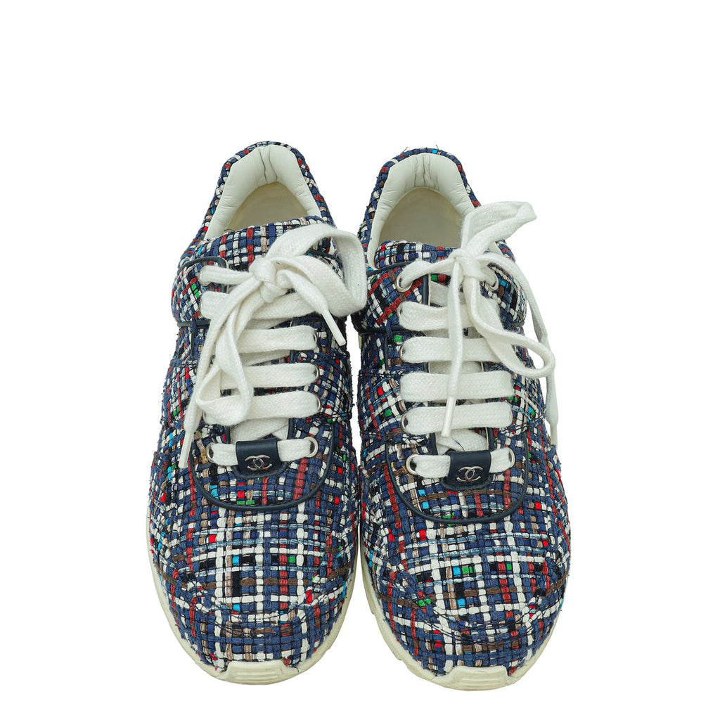 Chanel Blue Multicolor CC Tweed Trainer Sneaker 36