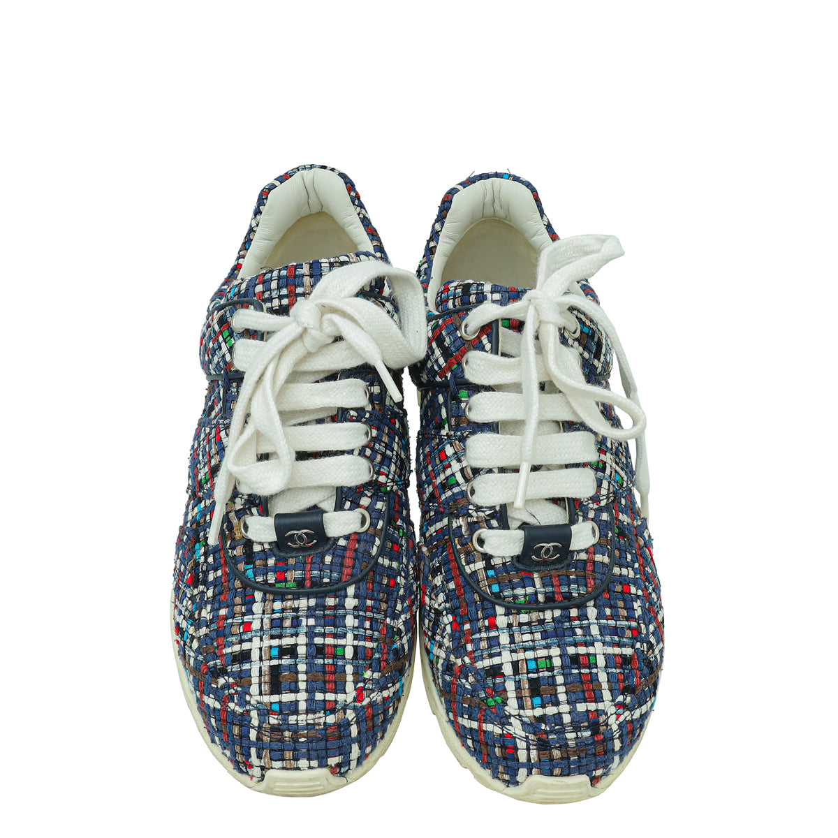 Chanel Blue Multicolor CC Tweed Trainer Sneaker 36