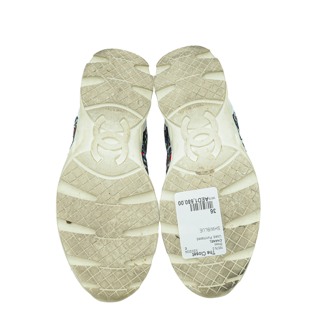 Chanel Blue Multicolor CC Tweed Trainer Sneaker 36