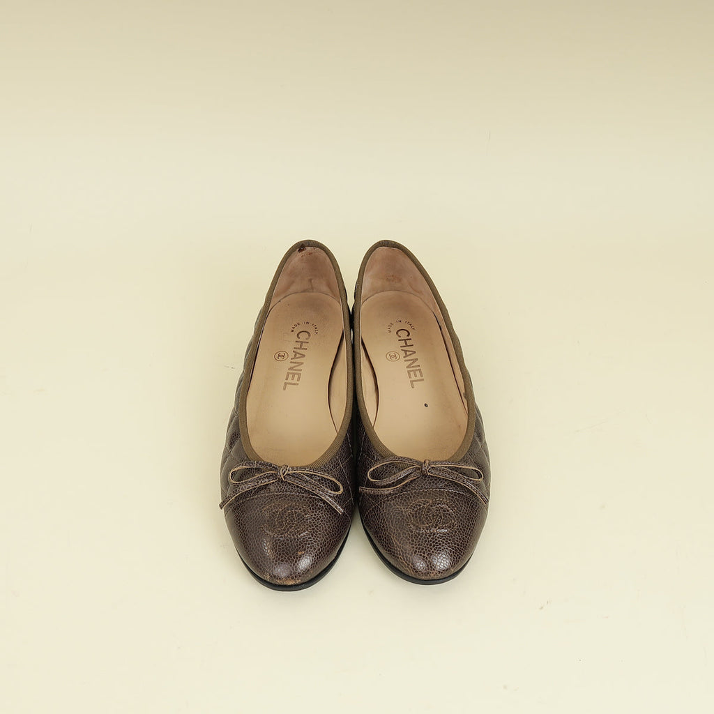 Chanel Dark Olive CC Cap Toe Flat Ballerina 37.5