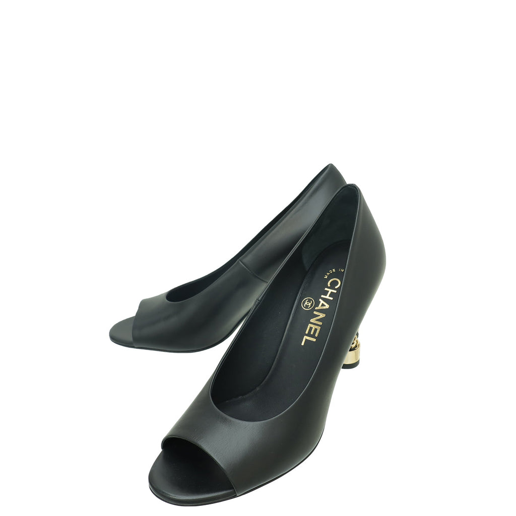 Chanel Black Logo Chain Heel Peep Toe Pump 37.5