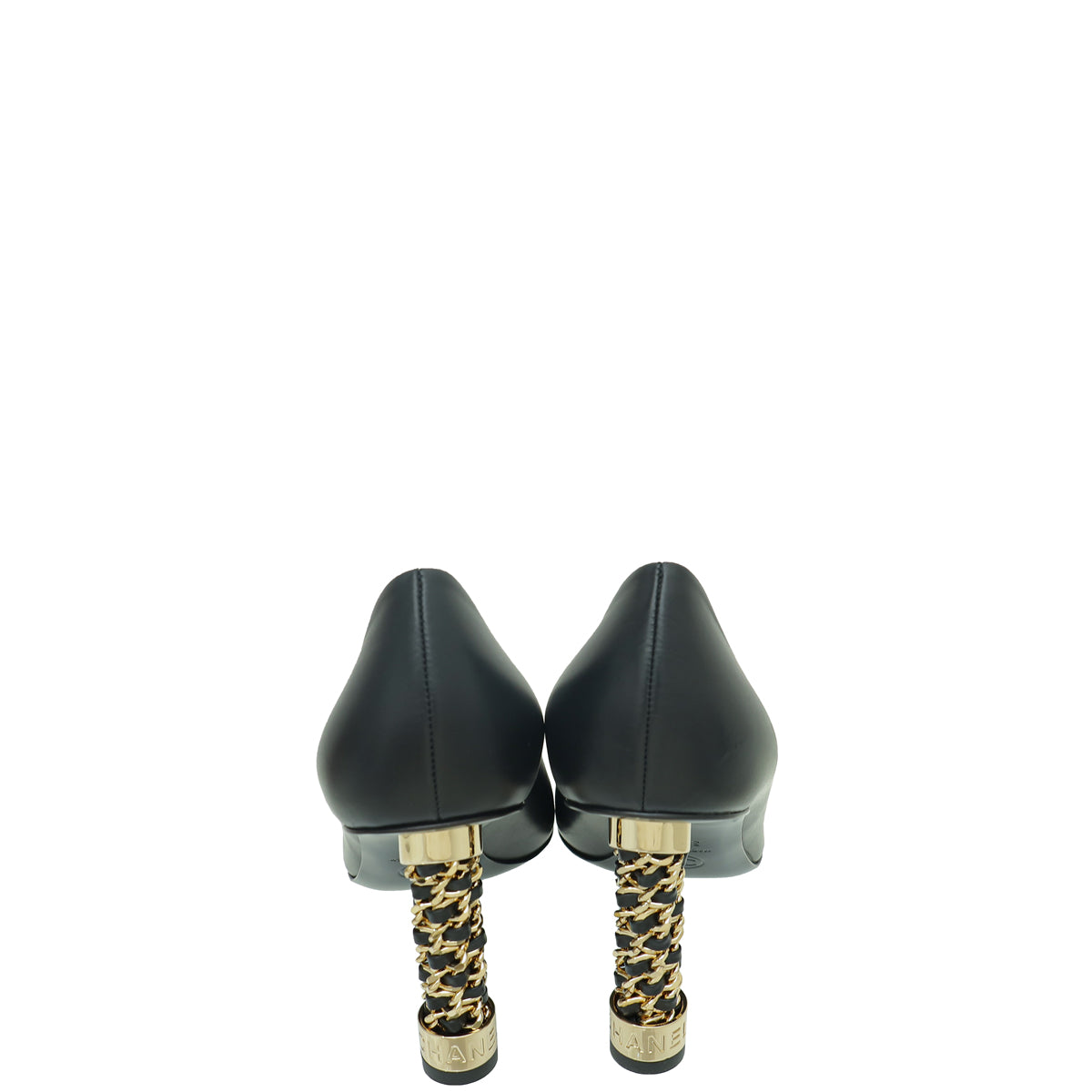 Chanel Black Logo Chain Heel Peep Toe Pump 37.5