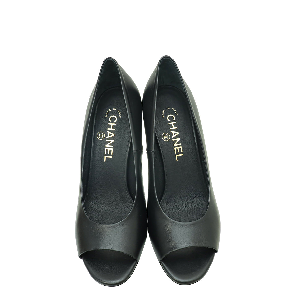 Chanel Black Logo Chain Heel Peep Toe Pump 37.5