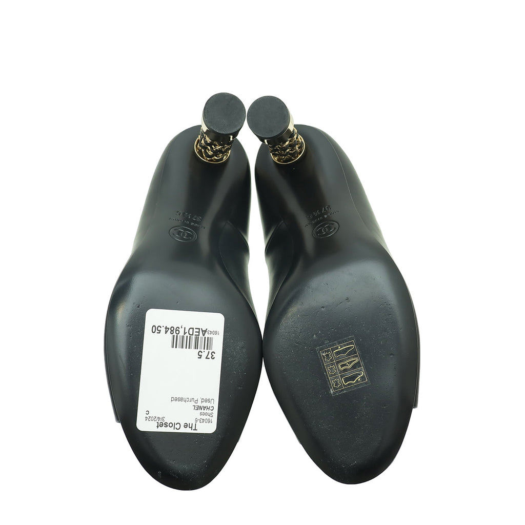 Chanel Black Logo Chain Heel Peep Toe Pump 37.5