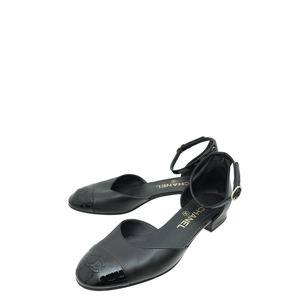 Chanel Black CC Cap Toe CC Ankle Strap Flats 37