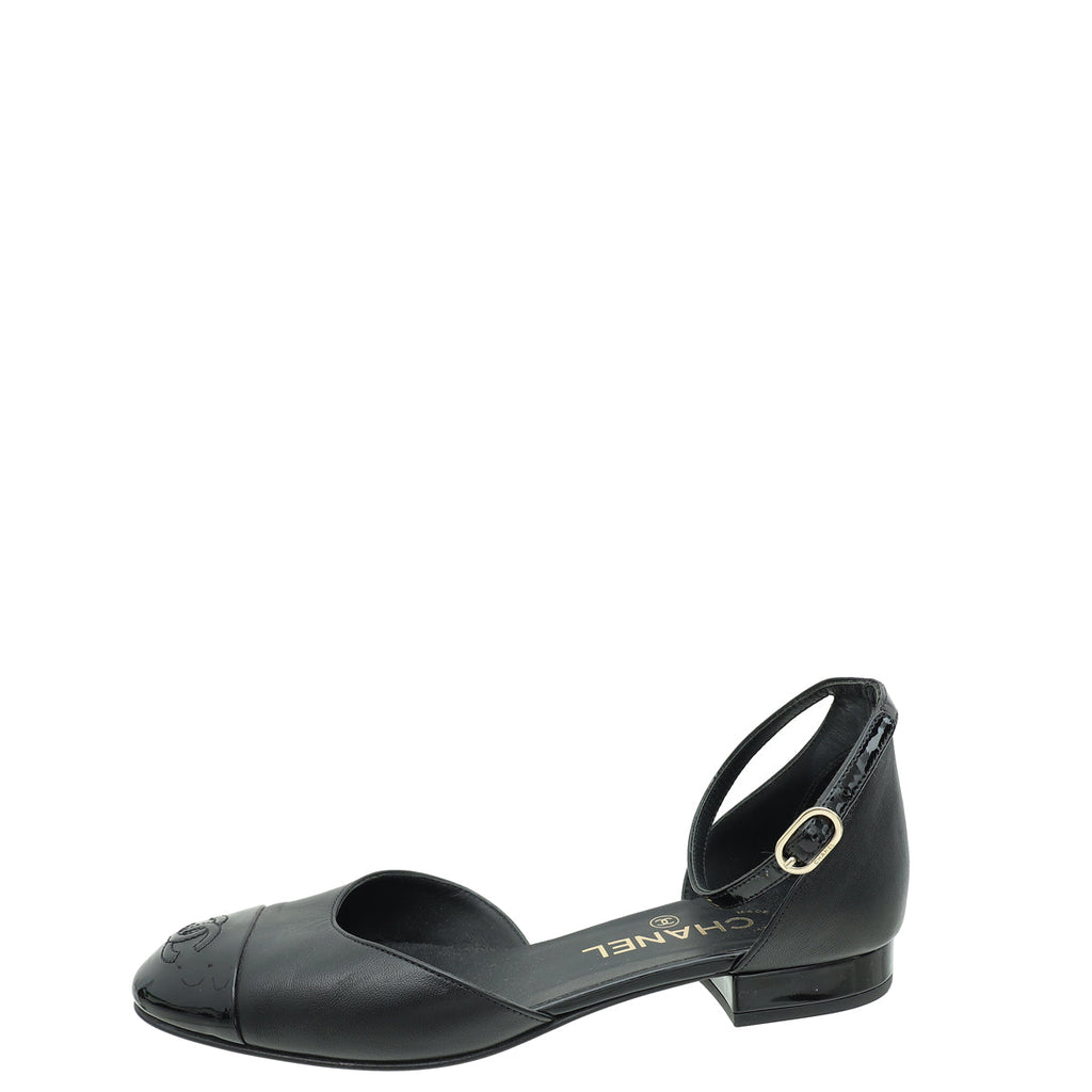 Chanel Black CC Cap Toe CC Ankle Strap Flats 37