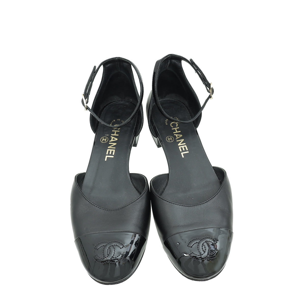 Chanel Black CC Cap Toe CC Ankle Strap Flats 37