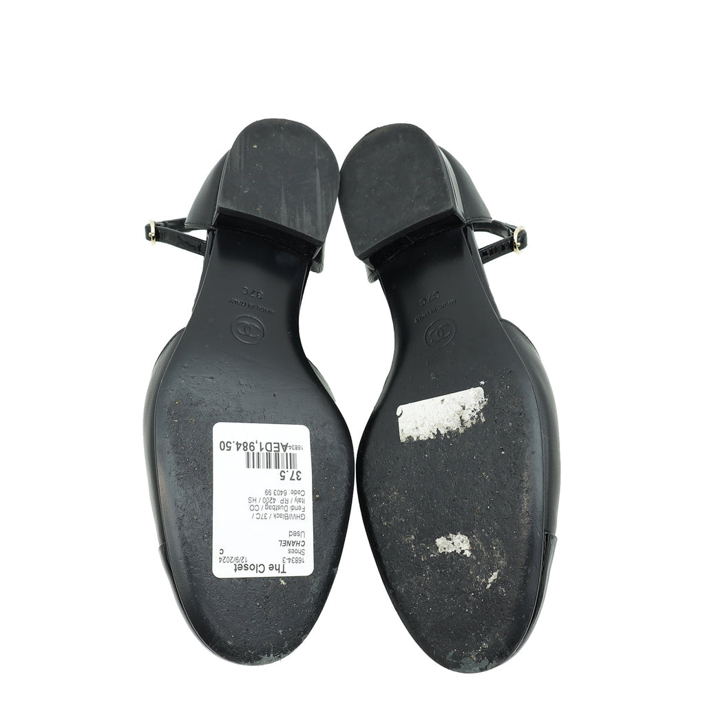Chanel Black CC Cap Toe CC Ankle Strap Flats 37