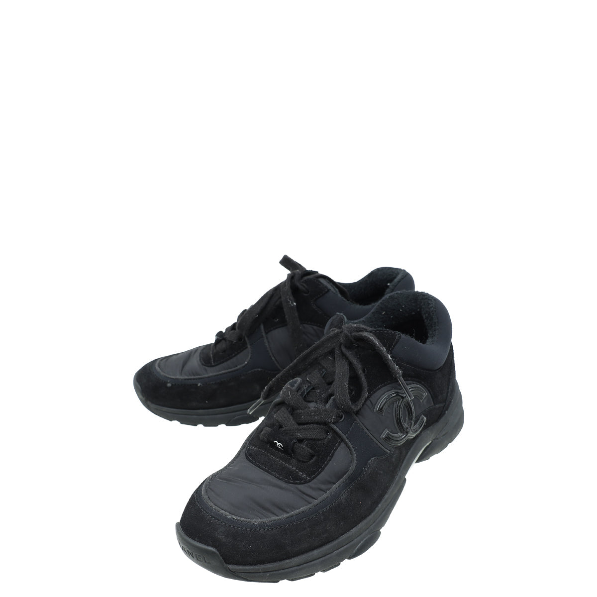 Chanel Black CC Lace Up Trainer Sneakers 37.5