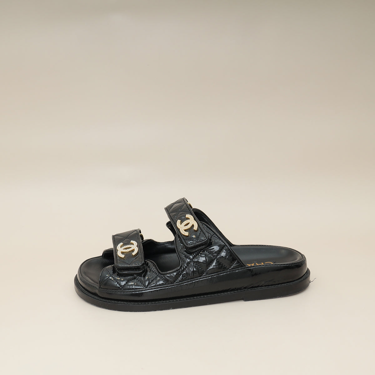 Chanel Black Shiny CC Beads Quilted Dad Slide Mules 37
