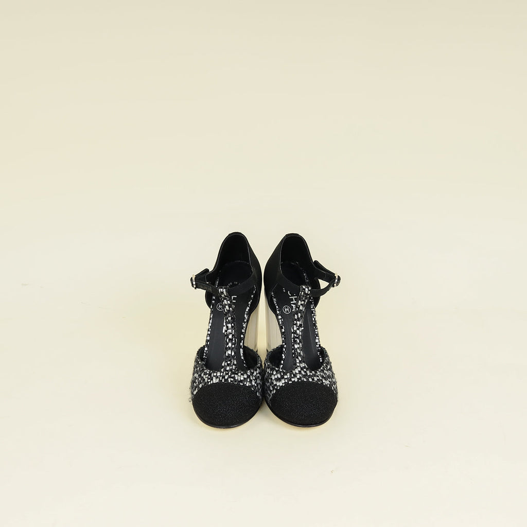 Chanel Tricolor T Strap Tweed Pumps 37