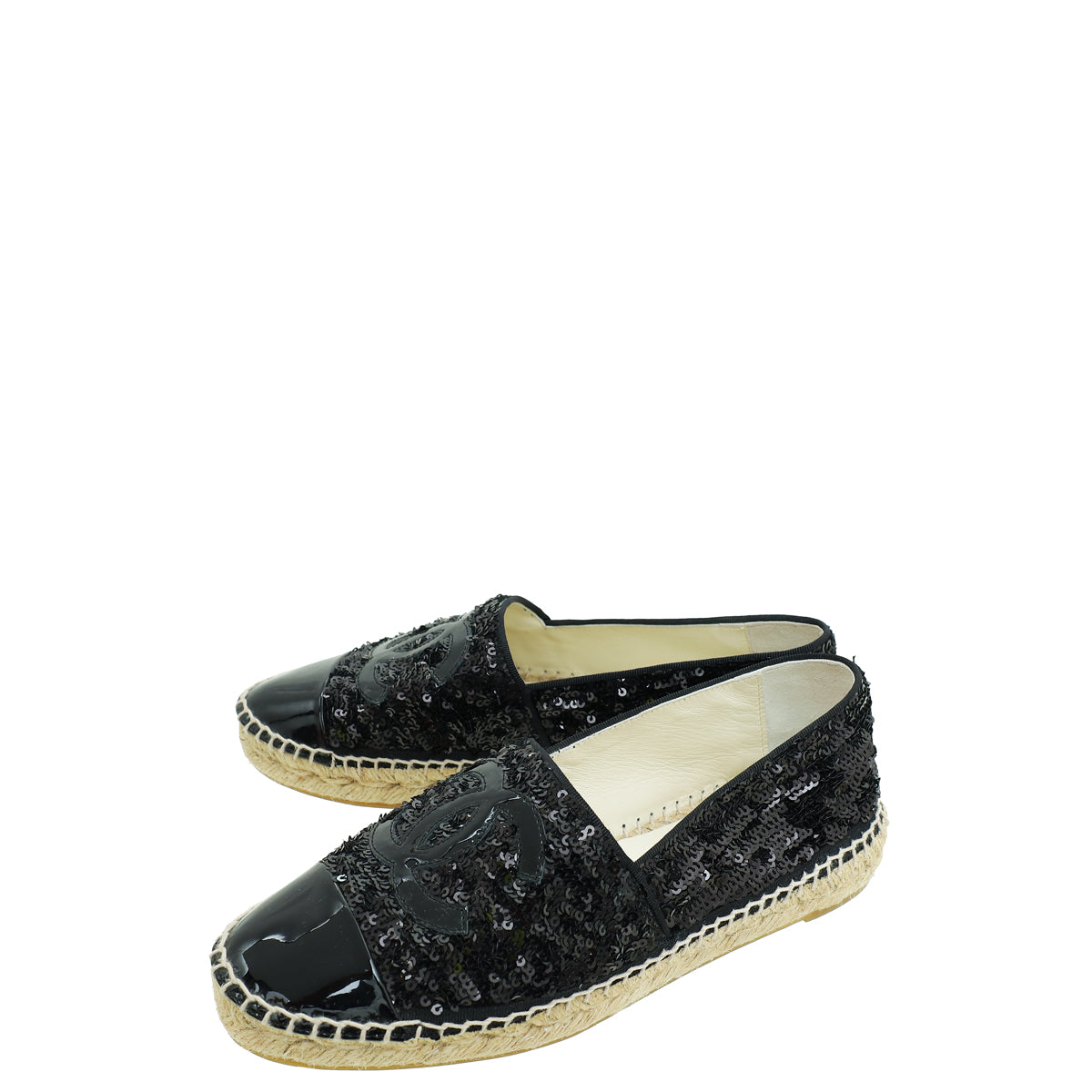 Chanel Black CC Cap Toe Sequin Espadrille 37