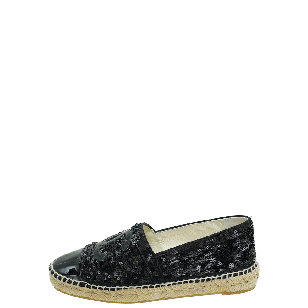 Chanel Black CC Cap Toe Sequin Espadrille 37