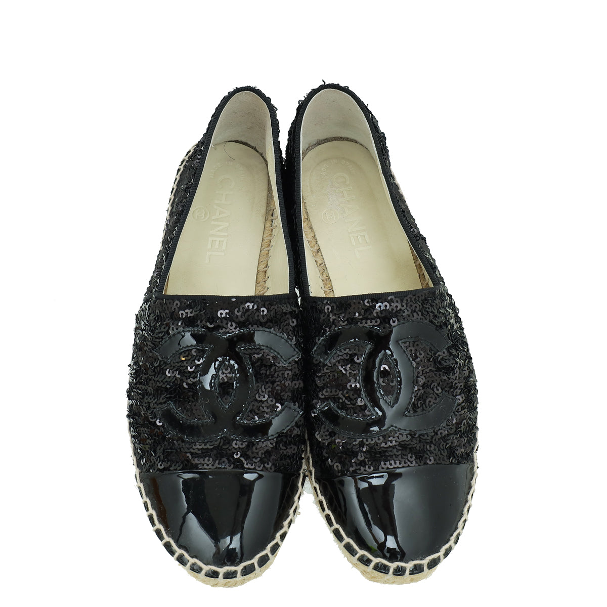 Chanel Black CC Cap Toe Sequin Espadrille 37