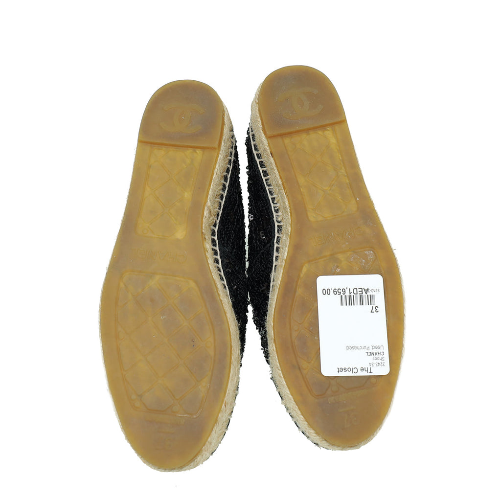 Chanel Black CC Cap Toe Sequin Espadrille 37