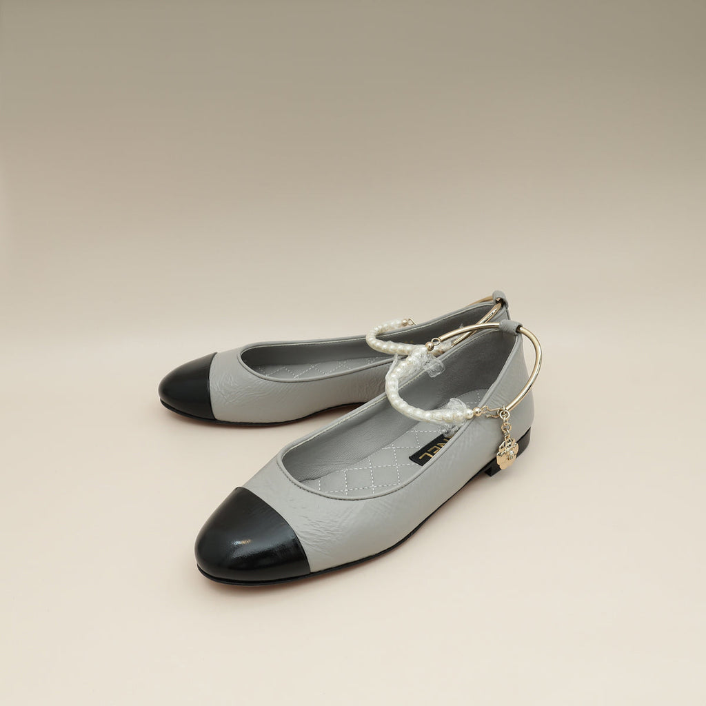 Chanel Bicolor CC Camellia Cap Toe Pearl Ankle Ballerina 37