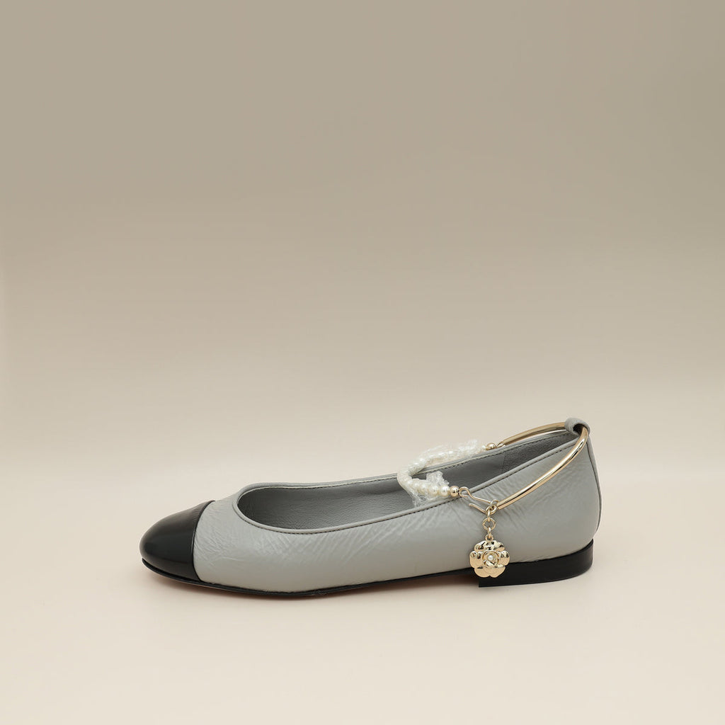 Chanel Bicolor CC Camellia Cap Toe Pearl Ankle Ballerina 37