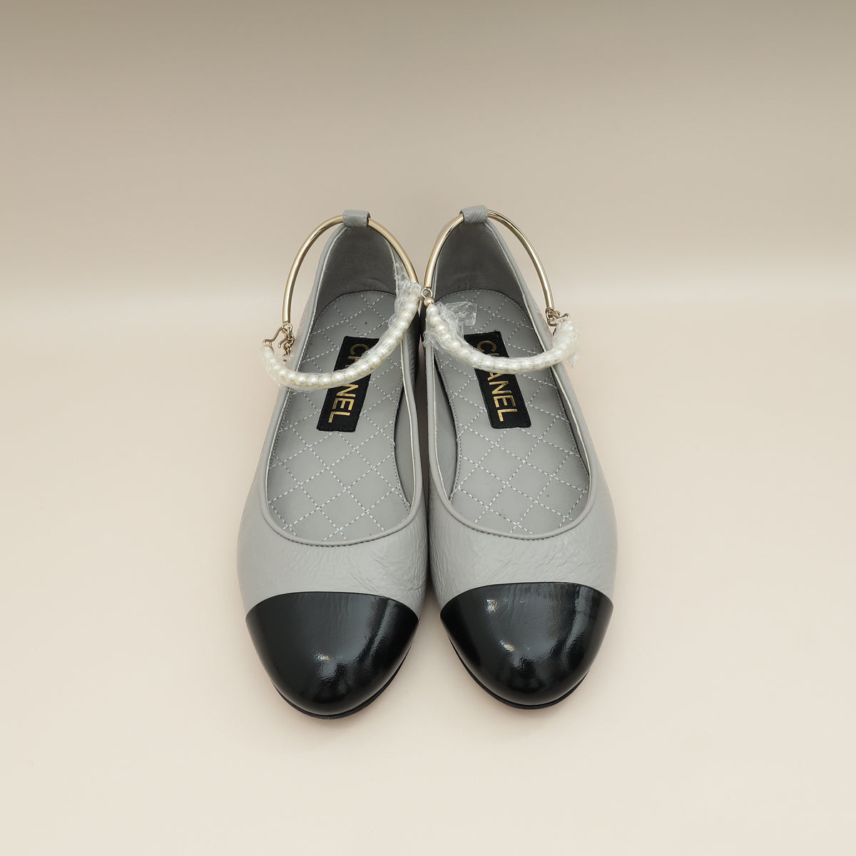 Chanel Bicolor CC Camellia Cap Toe Pearl Ankle Ballerina 37