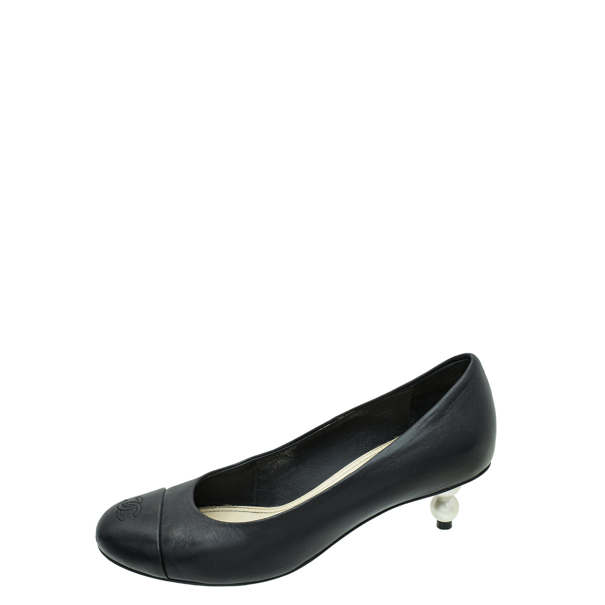 Chanel Black CC Cap Toe Pearl Heel Pump 37